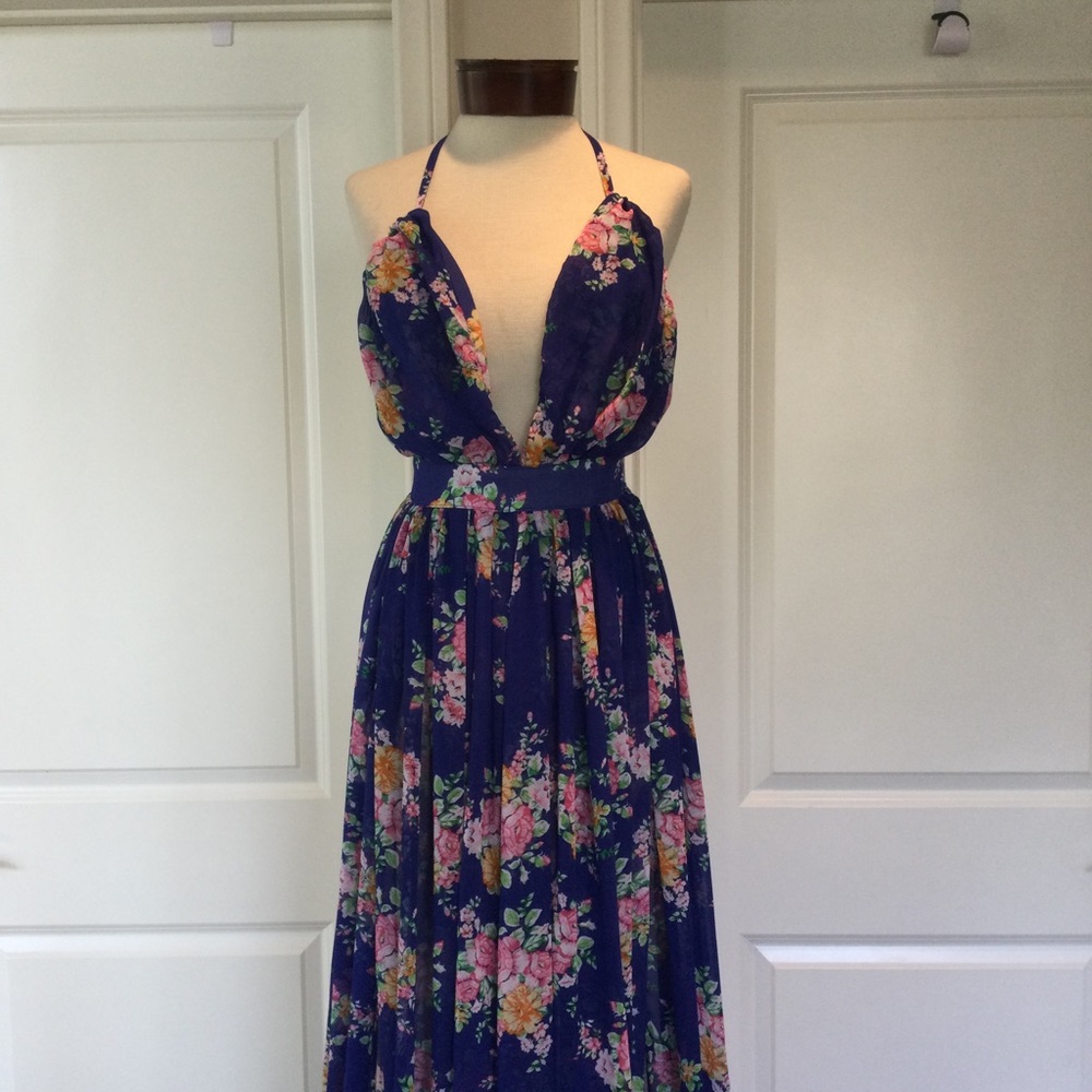 NWT-FEMME Los Angeles Brand: Floral Halter Swimsuit/Slit Long Top/Maxi, Size XS.